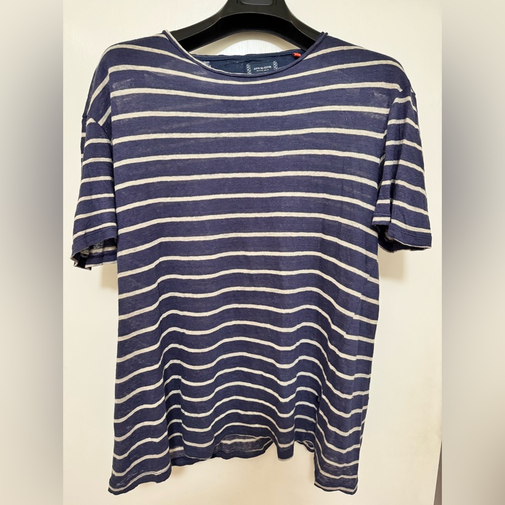 🏝️ Juan Silvestre 100% Linen Resort Wear Shirt L Navy Stripe Lightweight Knit